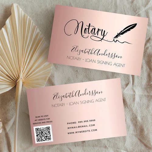 Notary loan signing agent rose gold blush QR code Business Card