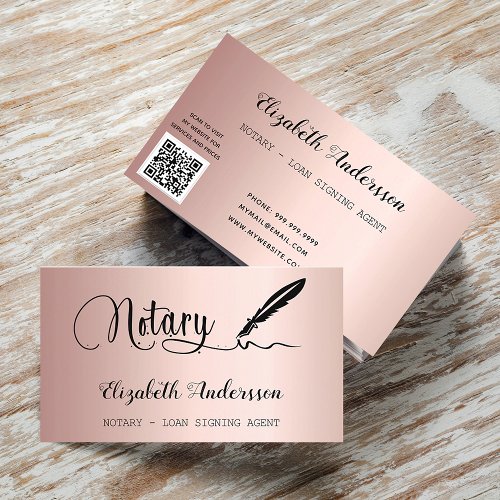 Notary loan signing agent rose gold blush QR code Business Card