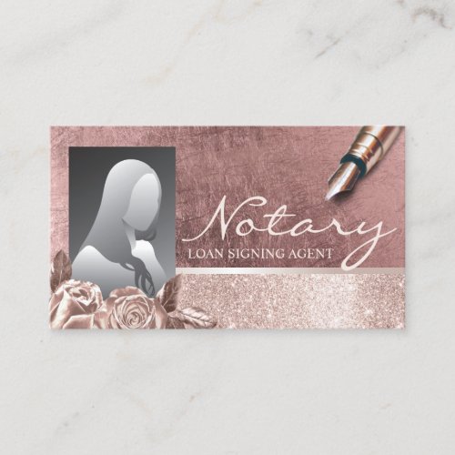 Notary Loan Signing Agent Rose Gold Floral Photo Business Card
