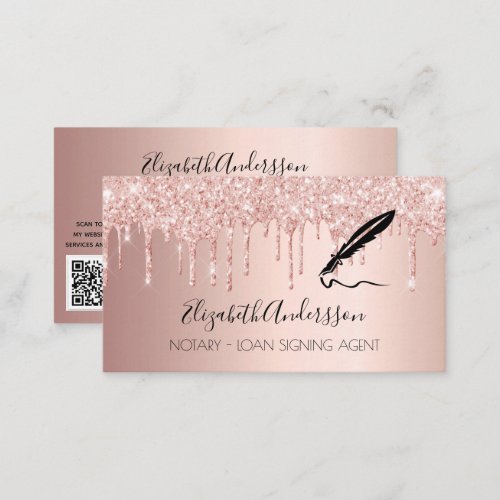 Notary loan signing agent rose gold glitter QR Business Card