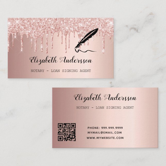 Notary loan signing agent rose gold glitter QR Business Card (Front/Back)