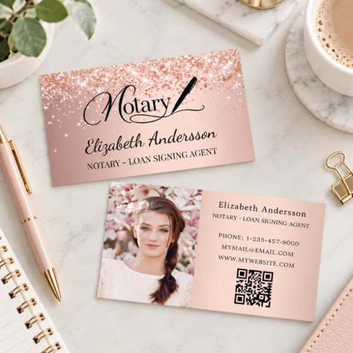 Notary loan signing agent rose gold photo QR code Business Card