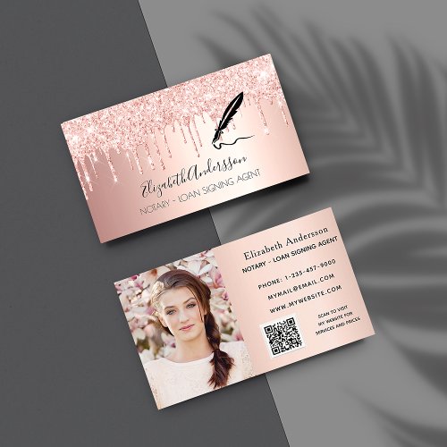 Notary loan signing agent rose gold photo QR code Business Card