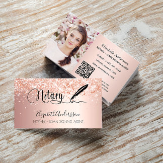 Notary loan signing agent rose gold photo QR code Business Card