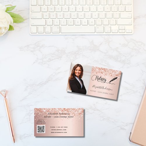 Notary loan signing agent rose gold photo QR code Business Card