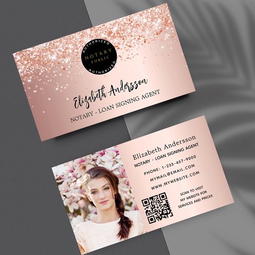 Notary loan signing agent rose gold photo QR logo Business Card