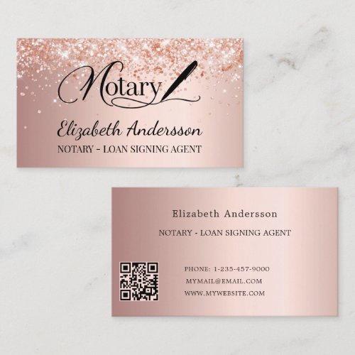 Notary loan signing agent rose gold QR code Business Card