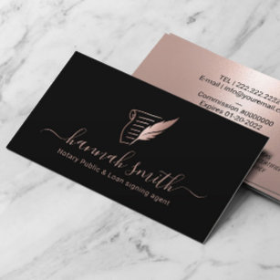 Notary Loan Signing Agent Rose Gold Quill Black Business Card