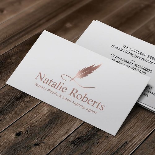 Notary Loan Signing Agent Rose Gold Quill Logo Business Card