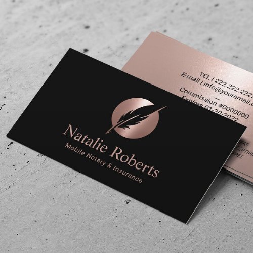 Notary Loan Signing Agent Rose Gold Quill Logo Business Card
