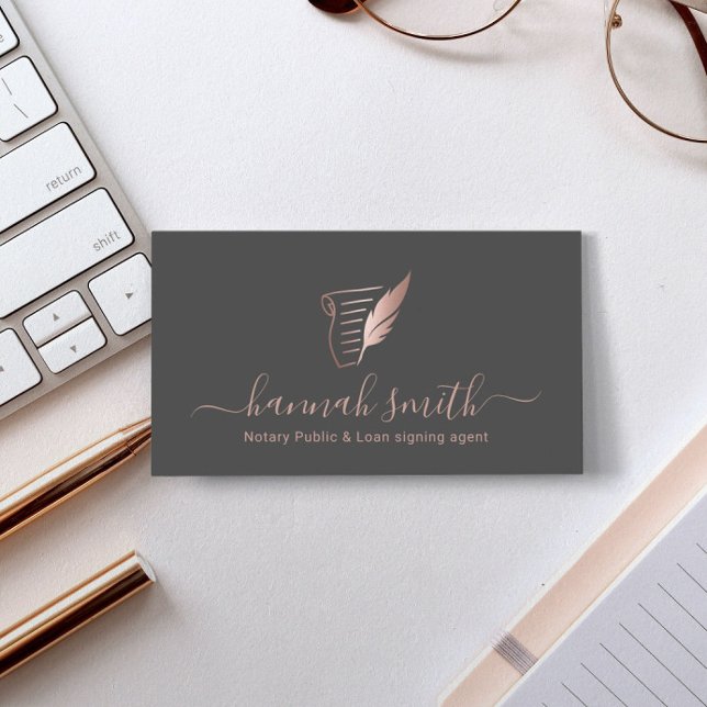 Notary Loan Signing Agent Rose Gold Quill Logo Business Card (Creator Uploaded)