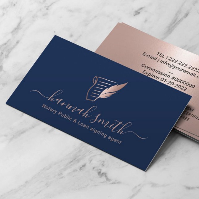 Notary Loan Signing Agent Rose Gold Quill Navy Business Card (Creator Uploaded)