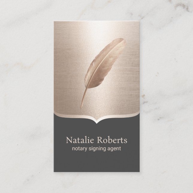 Notary Loan Signing Agent Rose Gold Quill Pen Business Card (Front)