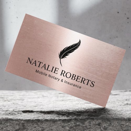 Notary Loan Signing Agent Rose Gold Quill Pen Logo Business Card