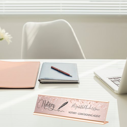 Notary loan signing agent rose gold script desk name plate