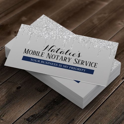 Notary Loan Signing Agent Silver Drips Navy Blue Business Card