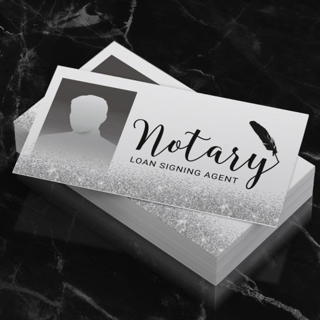 Notary Loan Signing Agent Silver Glitter Photo Business Card (Creator Uploaded)