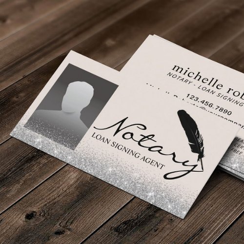 Notary Loan Signing Agent Silver Glitter Photo Business Card