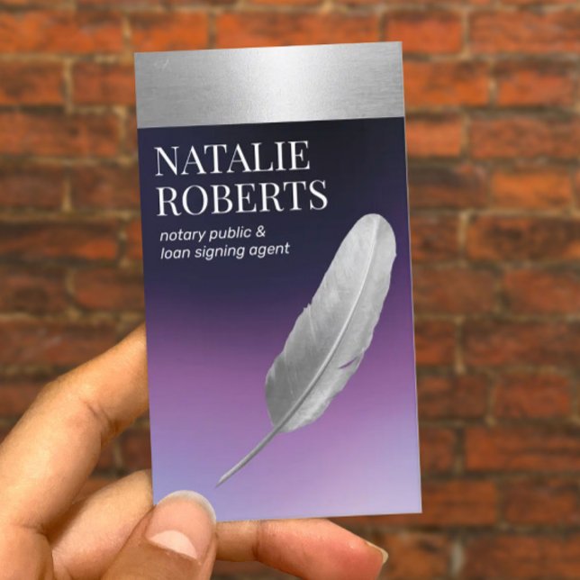 Notary Loan Signing Agent Silver Quill Purple Business Card (Creator Uploaded)