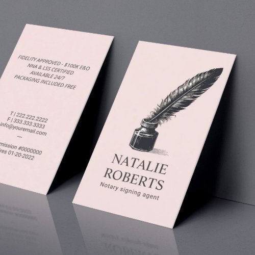 Notary Loan Signing Agent Vintage Quill Pen Blush Business Card