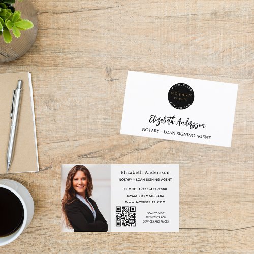 Notary loan signing agent white photo QR logo Business Card