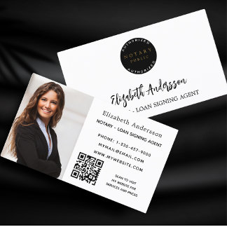 Notary loan signing agent white photo QR logo Business Card
