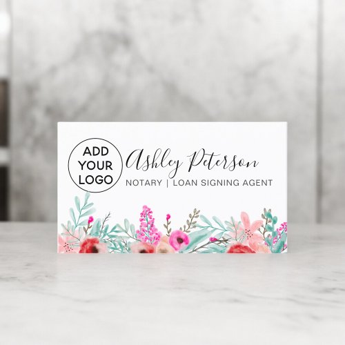 Notary logo Mint pink floral watercolor bouquet Business Card