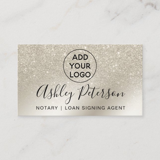 Notary logo pearl glitter ivory ombre gold business card (Front)