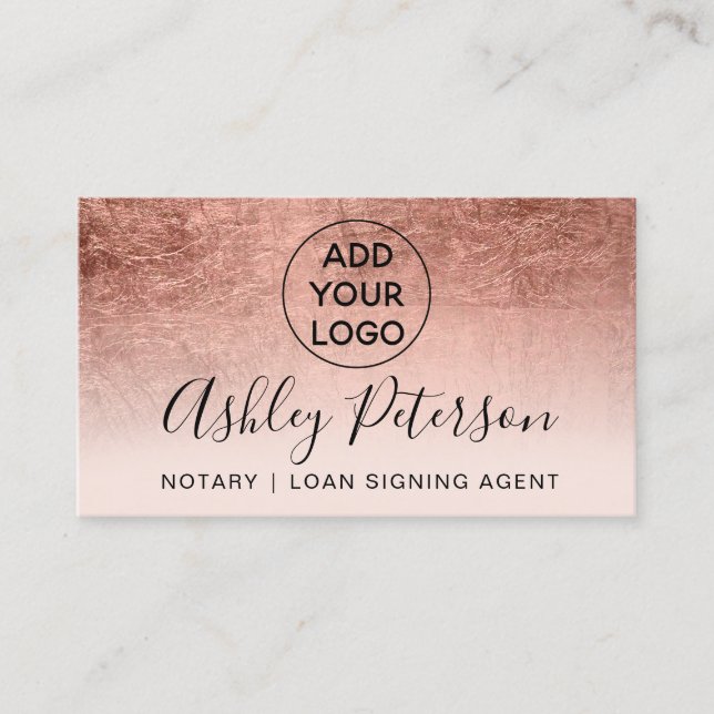 Notary logo typography blush rose gold foil business card (Front)