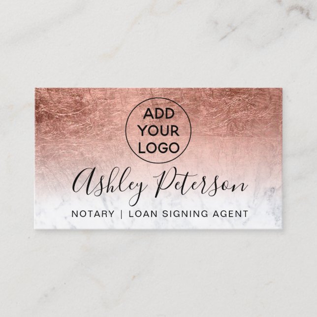 Notary logo typography marble rose gold foil business card (Front)