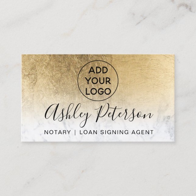 Notary logo typography marble yellow gold foil business card (Front)