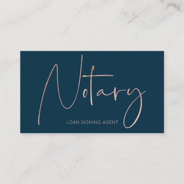 Notary modern rose gold typography bue business card (Front)