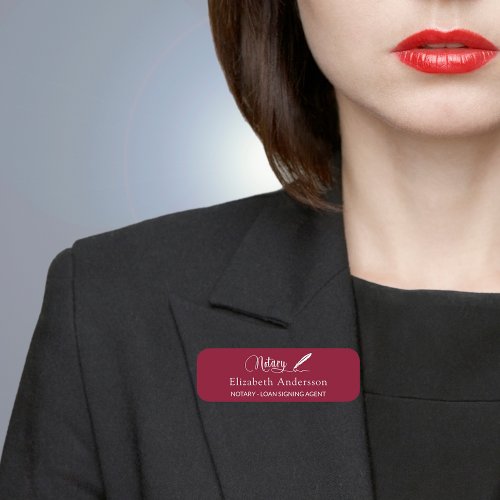 Notary pen script burgundy magnetic name tag