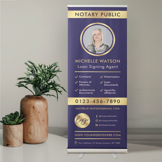 Notary Photo Navy & Gold Logo Law Firm Marketing Retractable Banner (Notary public navy and gold banner with space for your photo, logo and list of services)