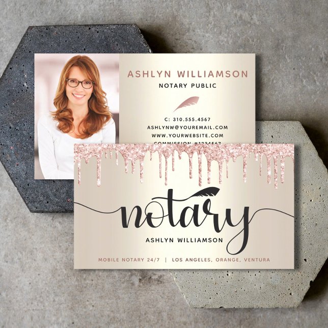 Notary Photo Pink Glitter Drips Gold Loan Agent  Business Card (Creator Uploaded)