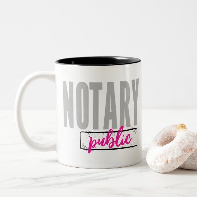 Notary Public Big Font Faded Black with Fuchsia Two-Tone Coffee Mug (With Donut)