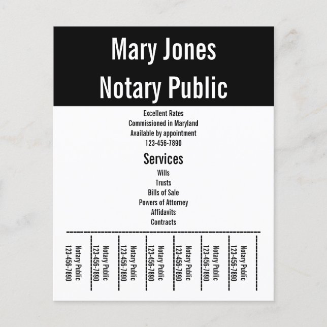 Notary Public Black and White Name Phone Services Flyer (Front)