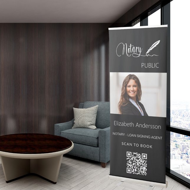 Notary public black white photo welcome QR-code Retractable Banner (Creator Uploaded)
