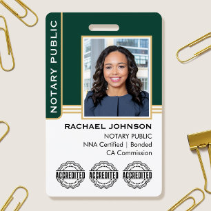 Notary Public Custom Photo Logo ID Green Gold Badge