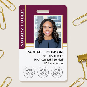 Notary Public Custom Photo Logo ID Plum Gold Badge