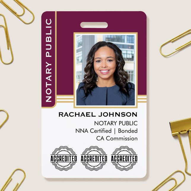 Notary Public Custom Photo Logo ID Plum Gold Badge (Creator Uploaded)
