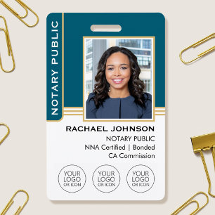 Notary Public Custom Photo Logo ID Teal Gold Badge