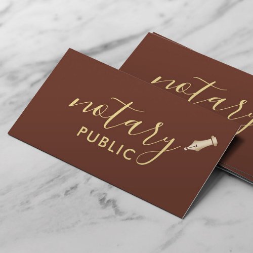 Notary Public Elegant Script Brick Red  Gold  Business Card