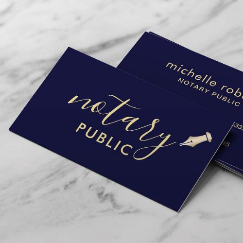 Notary Public Elegant Script Plain Navy  Gold Business Card