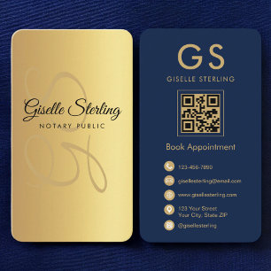 Notary Public Gold Navy Blue QR Code Monogram Business Card