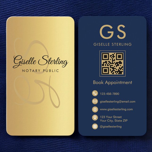 Notary Public Gold Navy Blue QR Code Monogram  Business Card (Creator Uploaded)