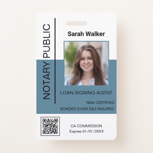 Notary Public ID photo office worker dusty blue Badge