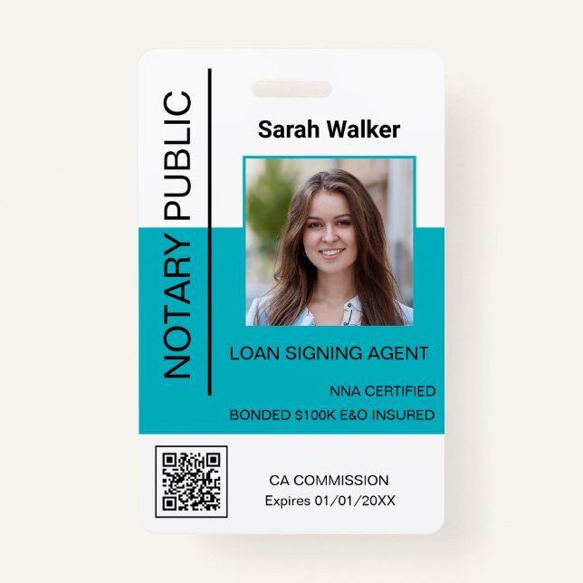 Notary Public ID photo office worker turquoise Badge (Front)