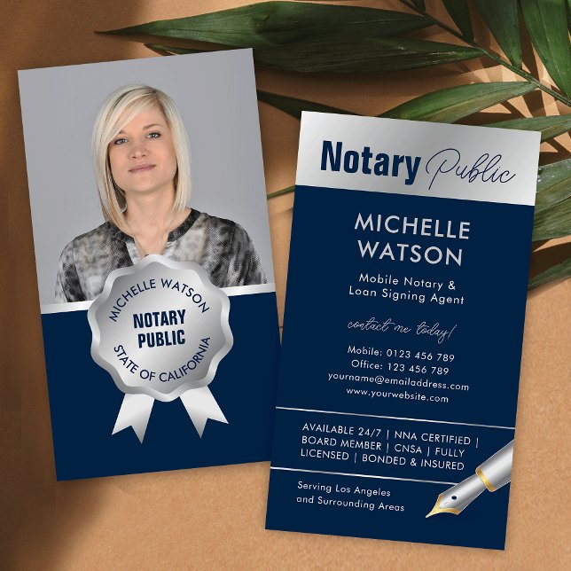 Notary Public Loan Agent Photo Navy & Silver Business Card (Stylish notary public & lawyer photo business cards in navy blue and silver)