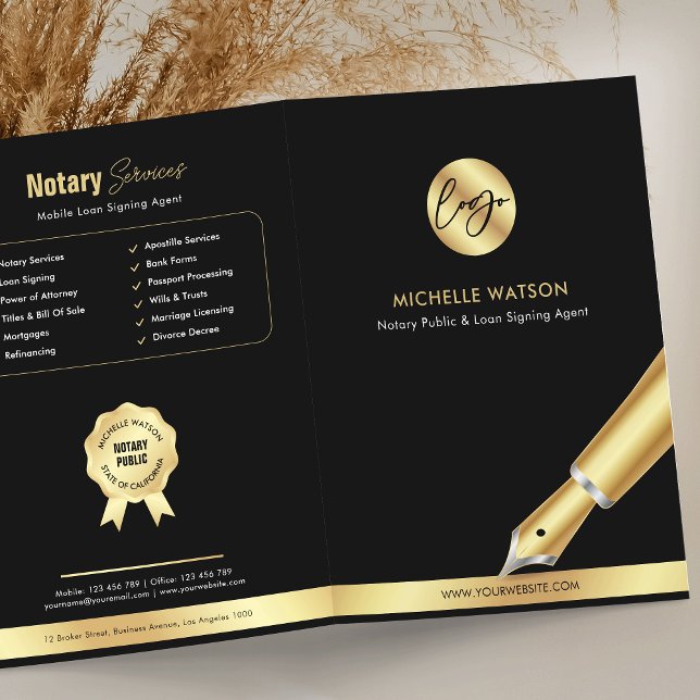 Notary Public Loan Signing Agent Black & Gold Logo Pocket Folder (Modern notary public and loan signing agent personalized pocket folder in black and gold)